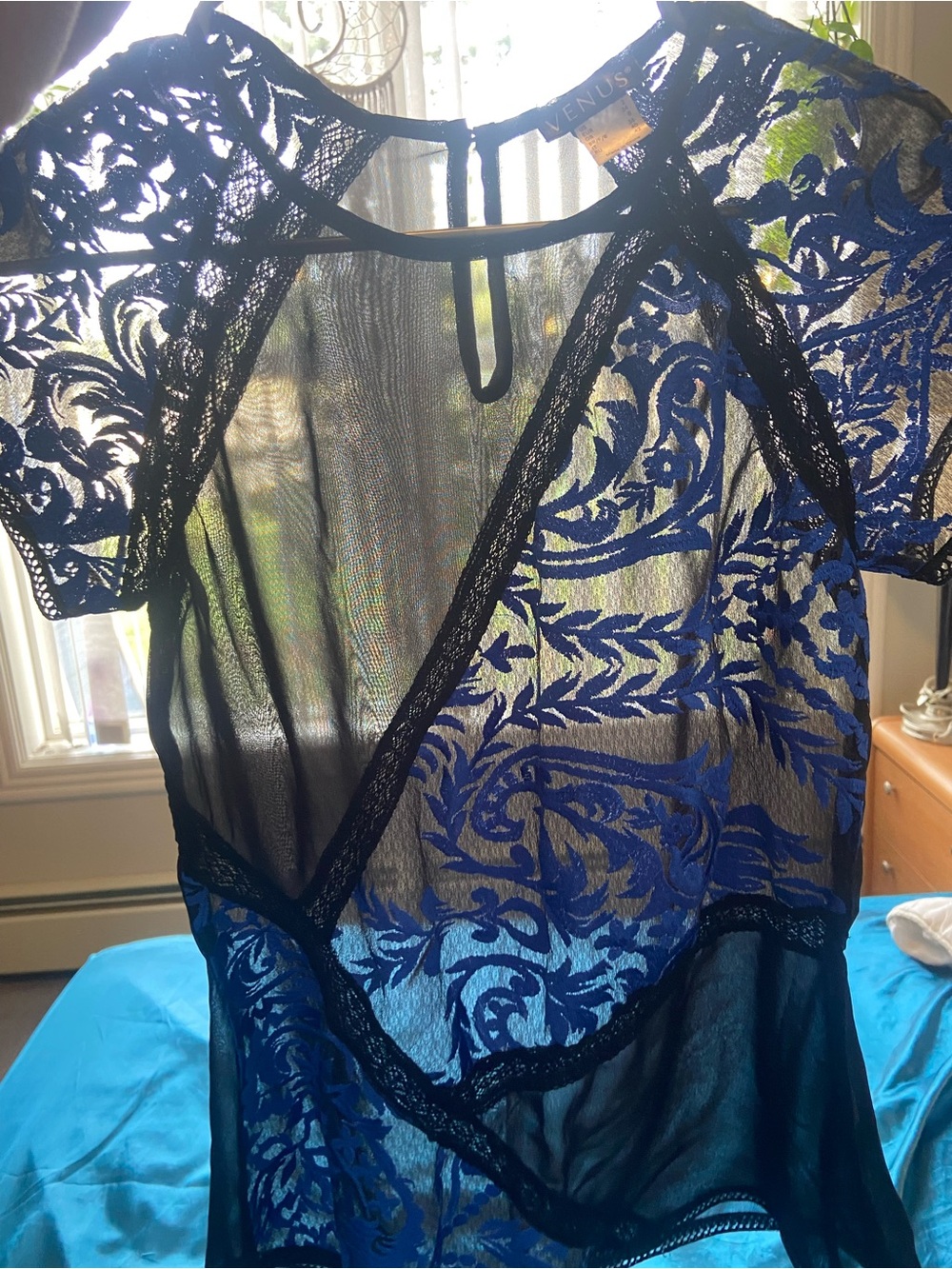 VENUS Royal Blue Sheer Lace Blouse